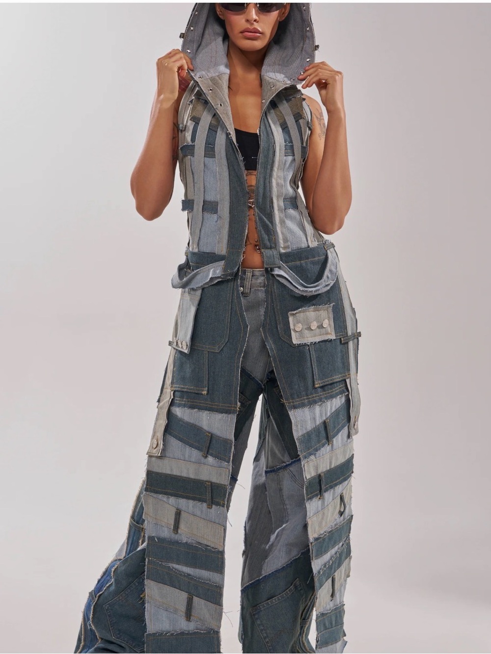 ALL THAT Patchwork Wide-Leg Women's Jeans and hood Distressed Blue